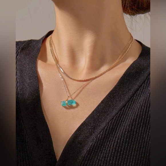 New Aqua Green Aura Quartz Crystal Dual Copper Chain Layered Necklace - Picture 3 of 16